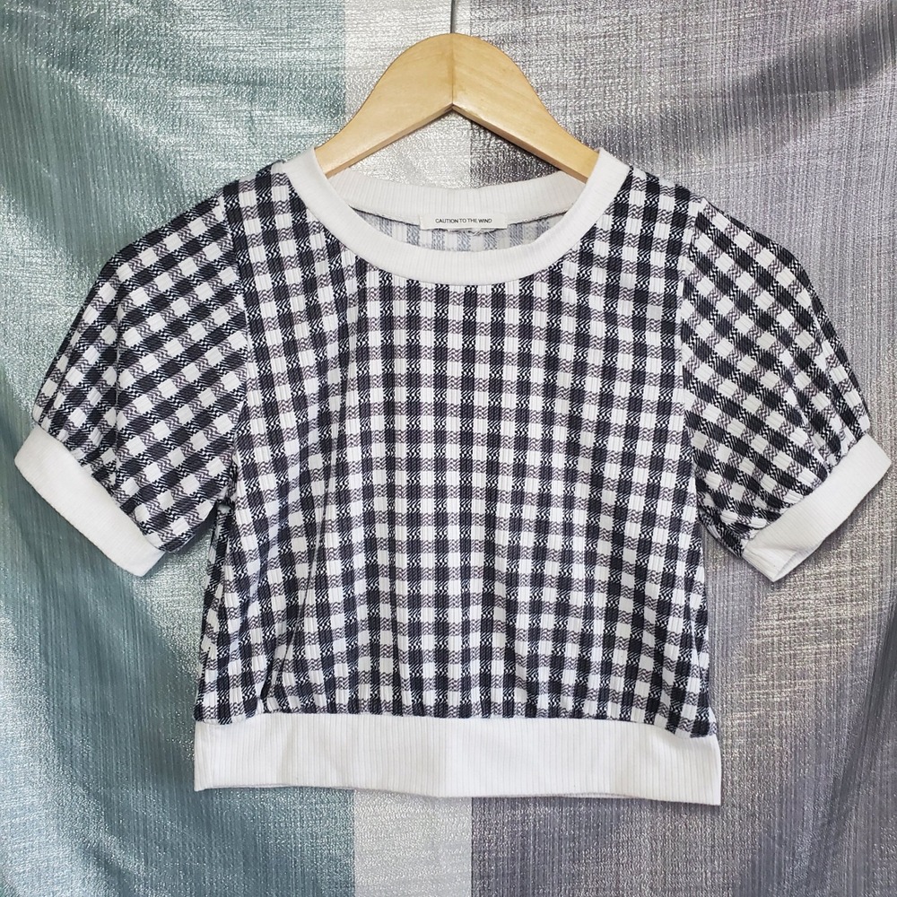 Gingham Ribbed Knit Short‎ Sleeve Cropped Top Black White Preppy Aesthetic XS